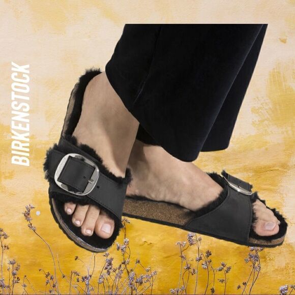 BIRKENSTOCK MADRID SHEARLING BIG BUCKLE SANDALS BLACK NEW NWT - Picture 2 of 12